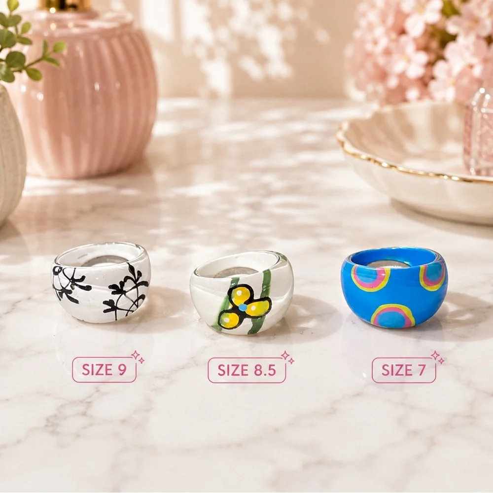 Colorful Chunky Resin Ring Bundle – size 9,8.5,7 NEW